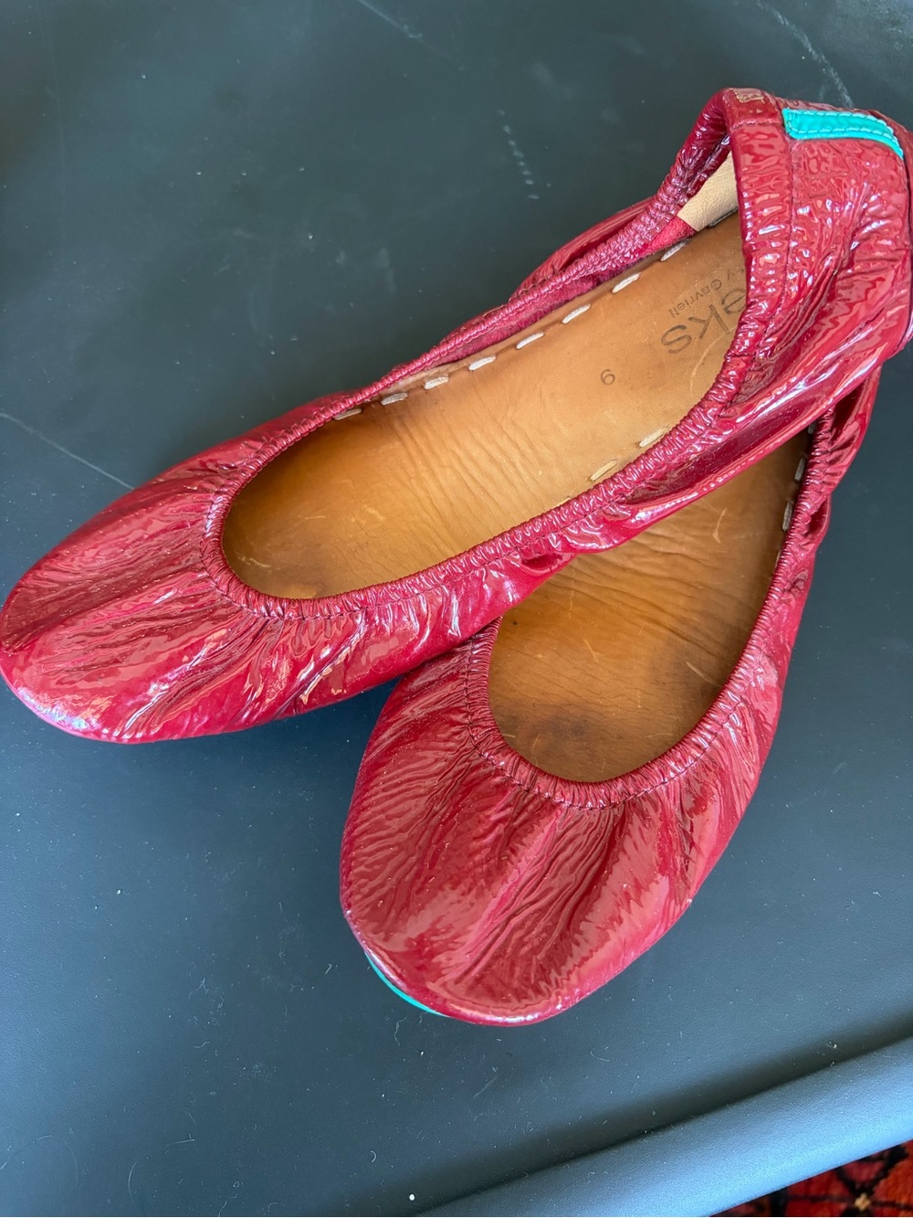 Tieks Red Patent Ballet Flats with Teal Accent